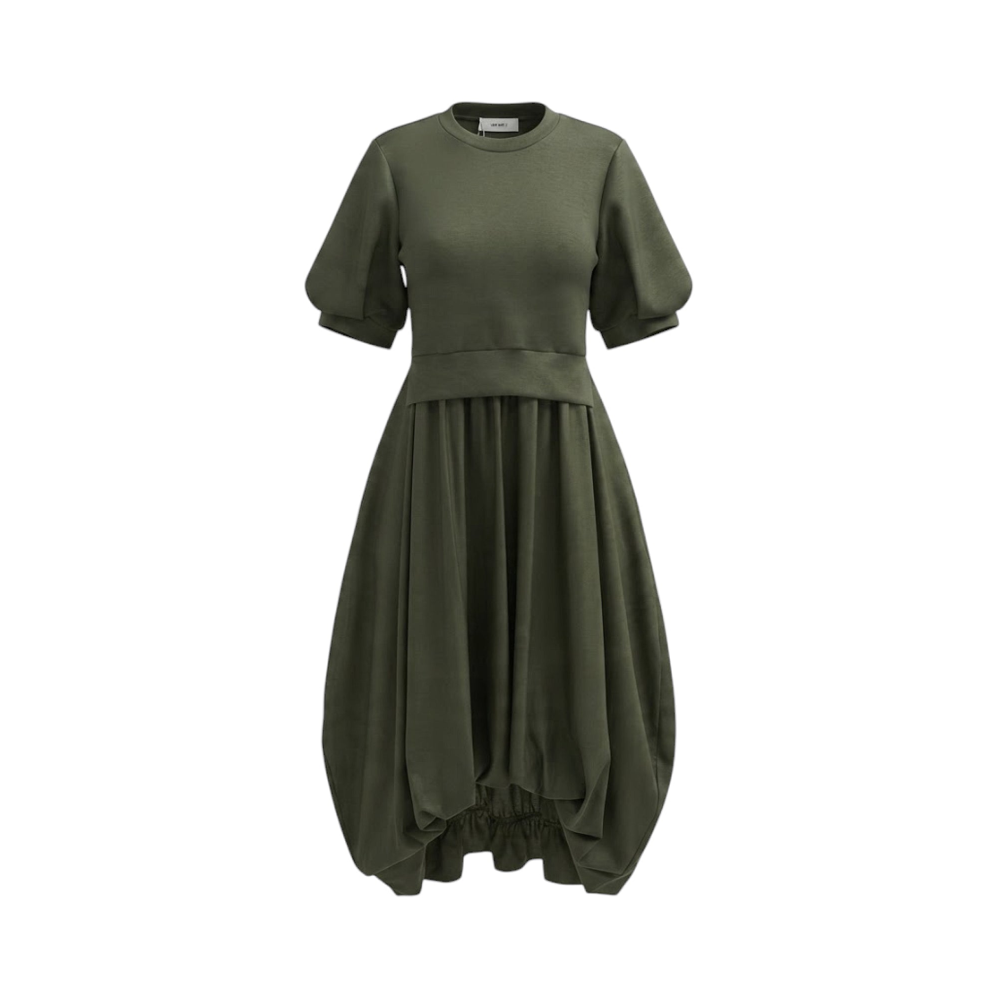 Loden green knit dress with crew neck, puffed short sleeves, wide waistband, and a gathered balloon midi skirt.