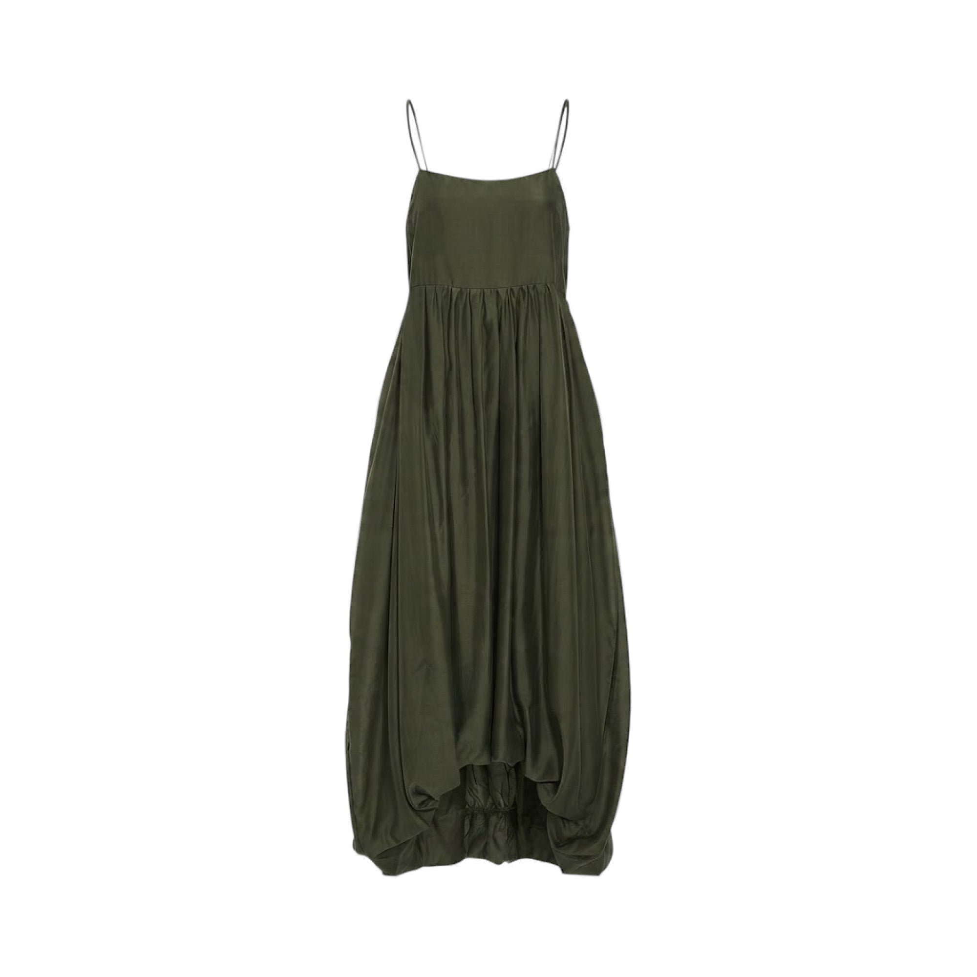 Loden green maxi dress with thin spaghetti straps, square neckline, gathered waist, and a voluminous draped bubble hem.