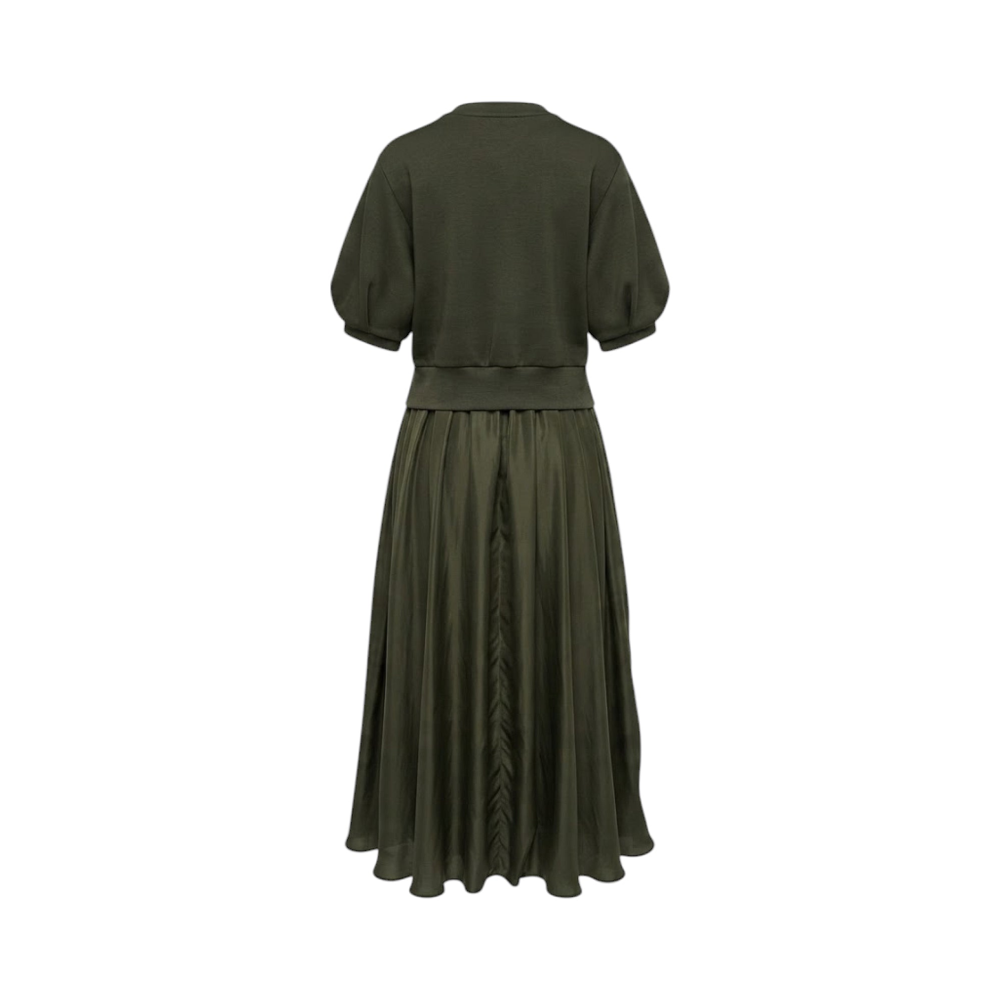 Loden green dress with a short-sleeved top featuring puffed sleeves and a ribbed hem, attached to a long pleated skirt.