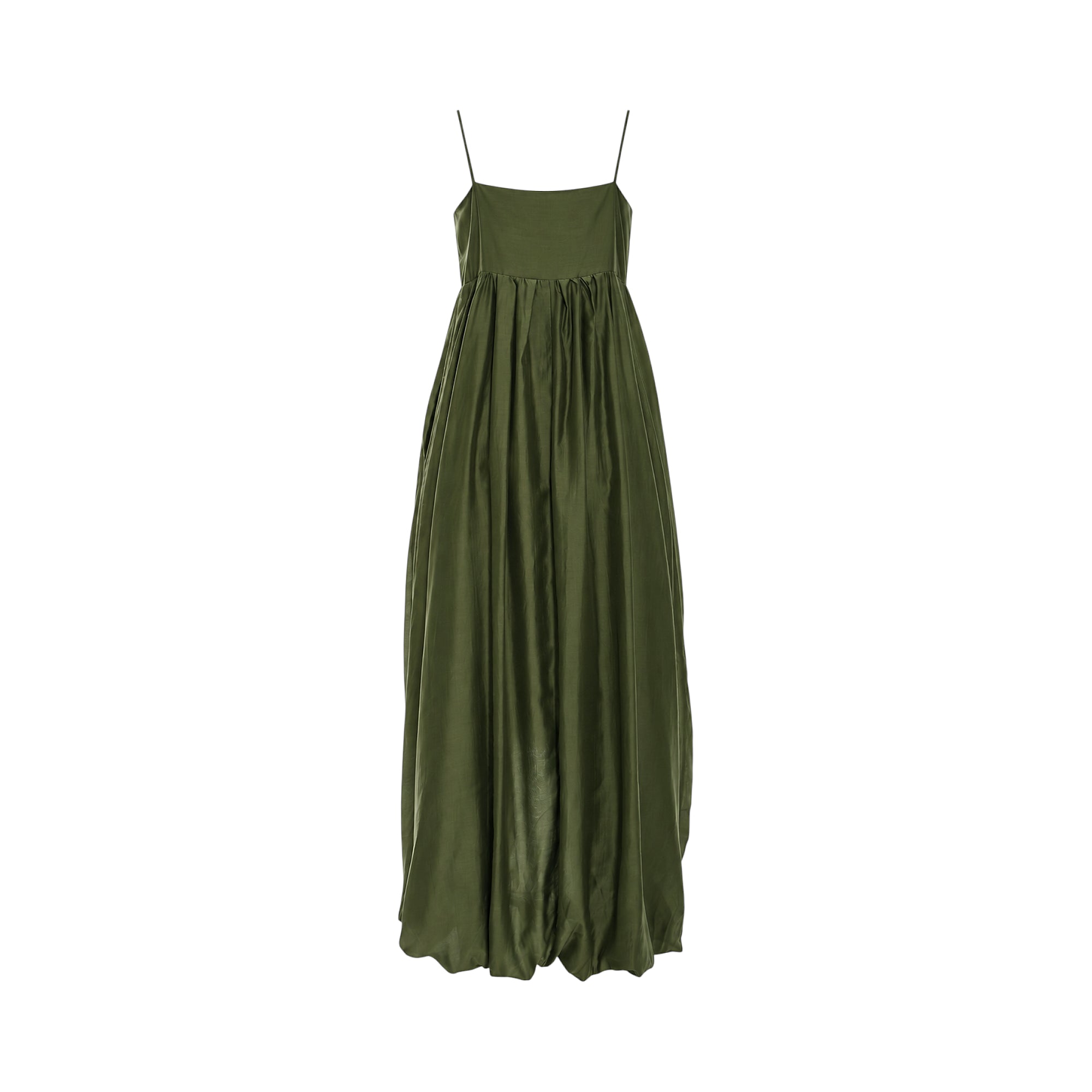 Loden green maxi dress with a square neckline, thin spaghetti straps, gathered bodice, and a full skirt with a bubble hem.