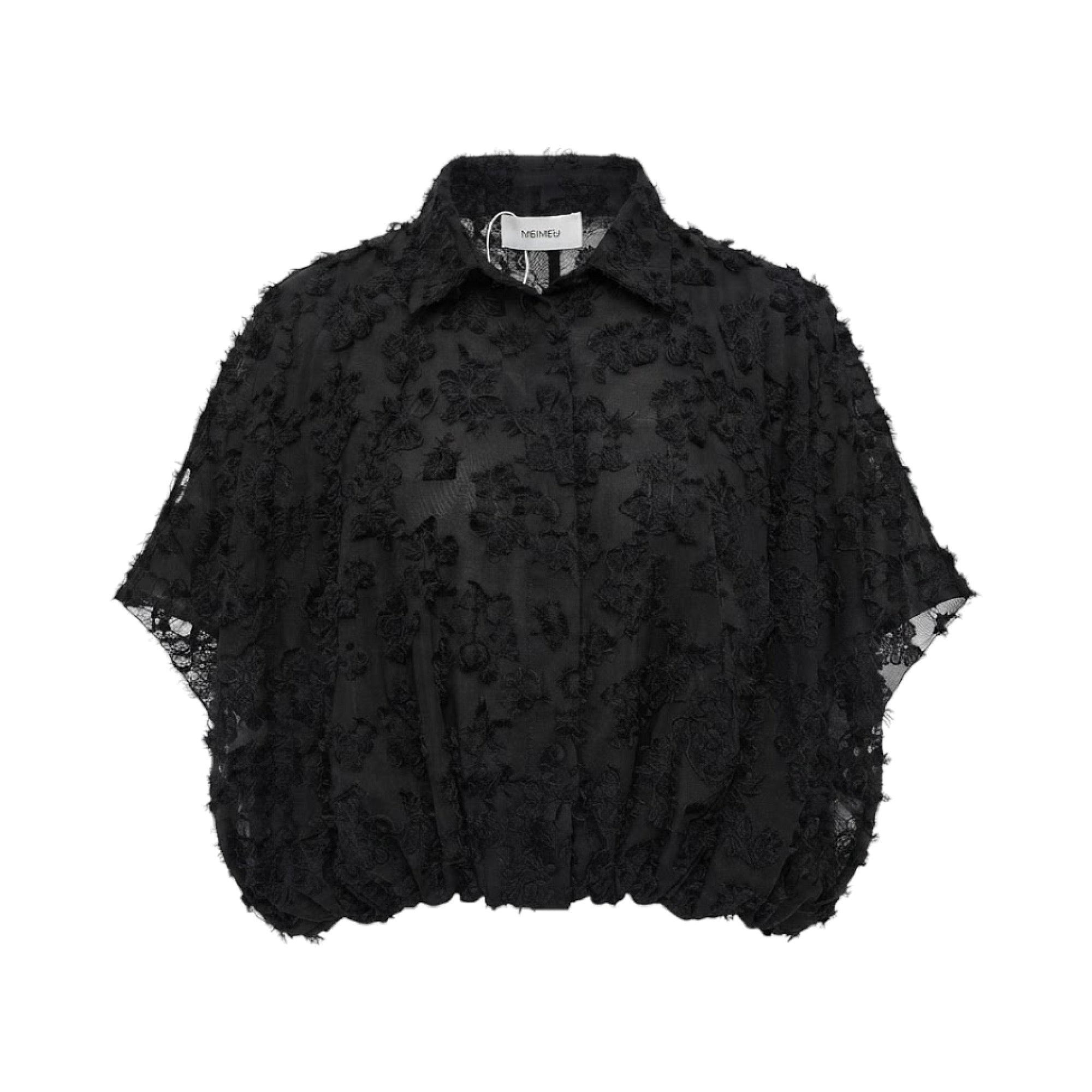 Black short-sleeved collared shirt with all-over floral embroidery and an elasticated gathered hem.