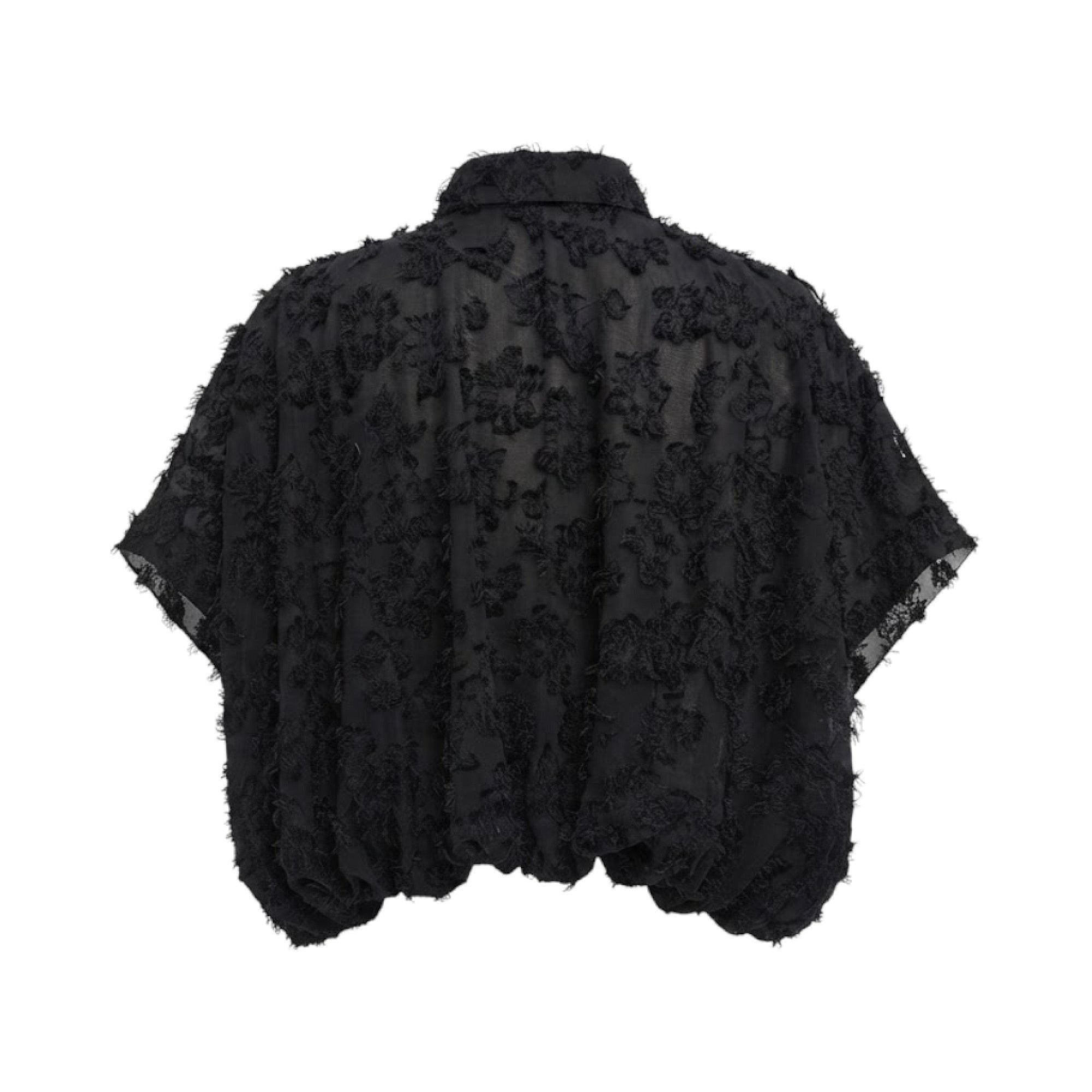 Black sheer shirt with textured floral appliques, short wide sleeves, and a gathered bubble hem.
