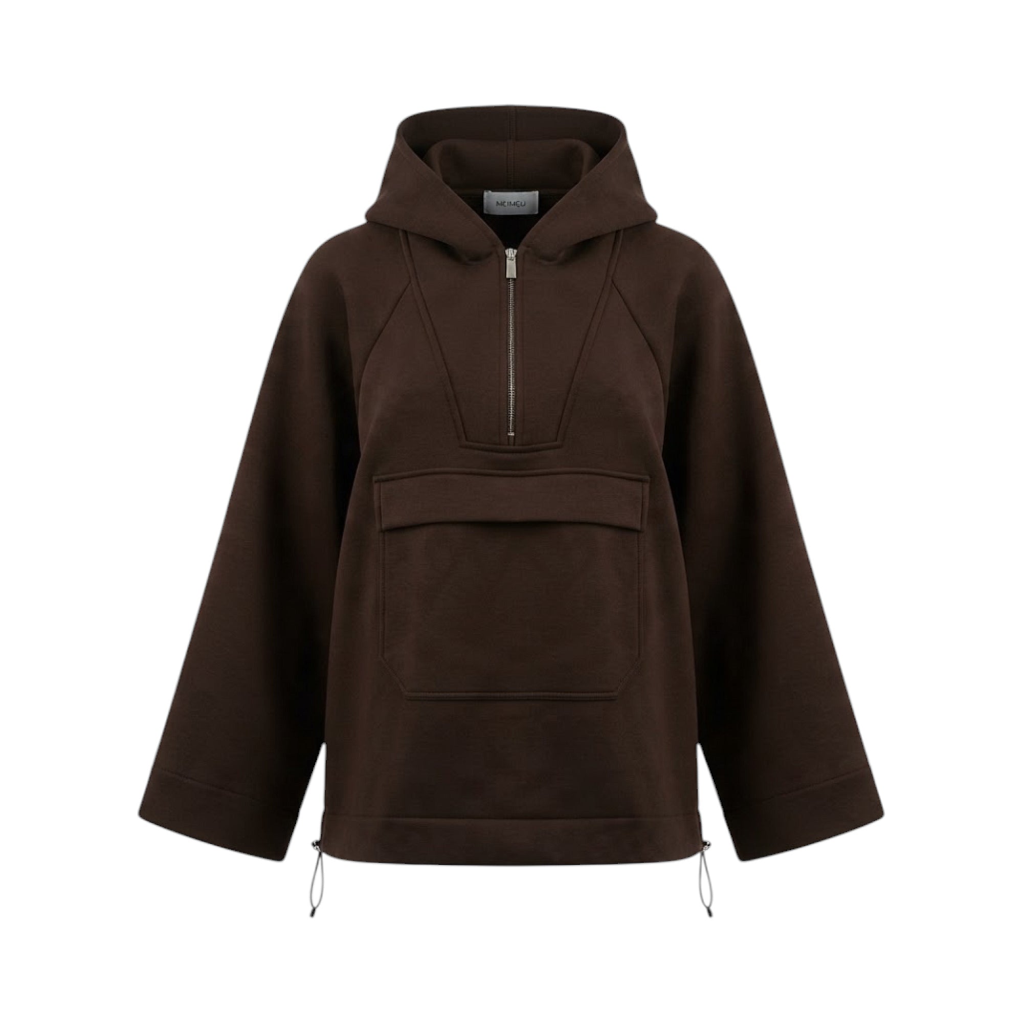 Rum Raisin relaxed fit half-zip hooded sweatshirt with an attached hood, front flap pocket, and drawstring hem.