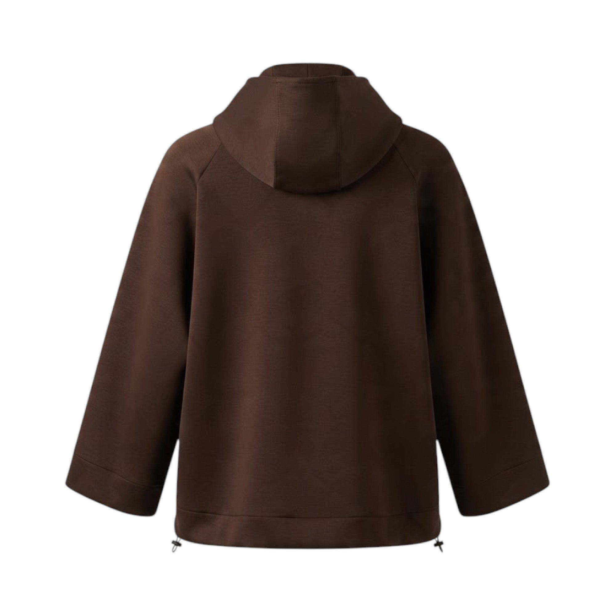 Dark brown relaxed fit hooded sweatshirt, back view. Features wide raglan sleeves with folded cuffs and a drawstring hem with
