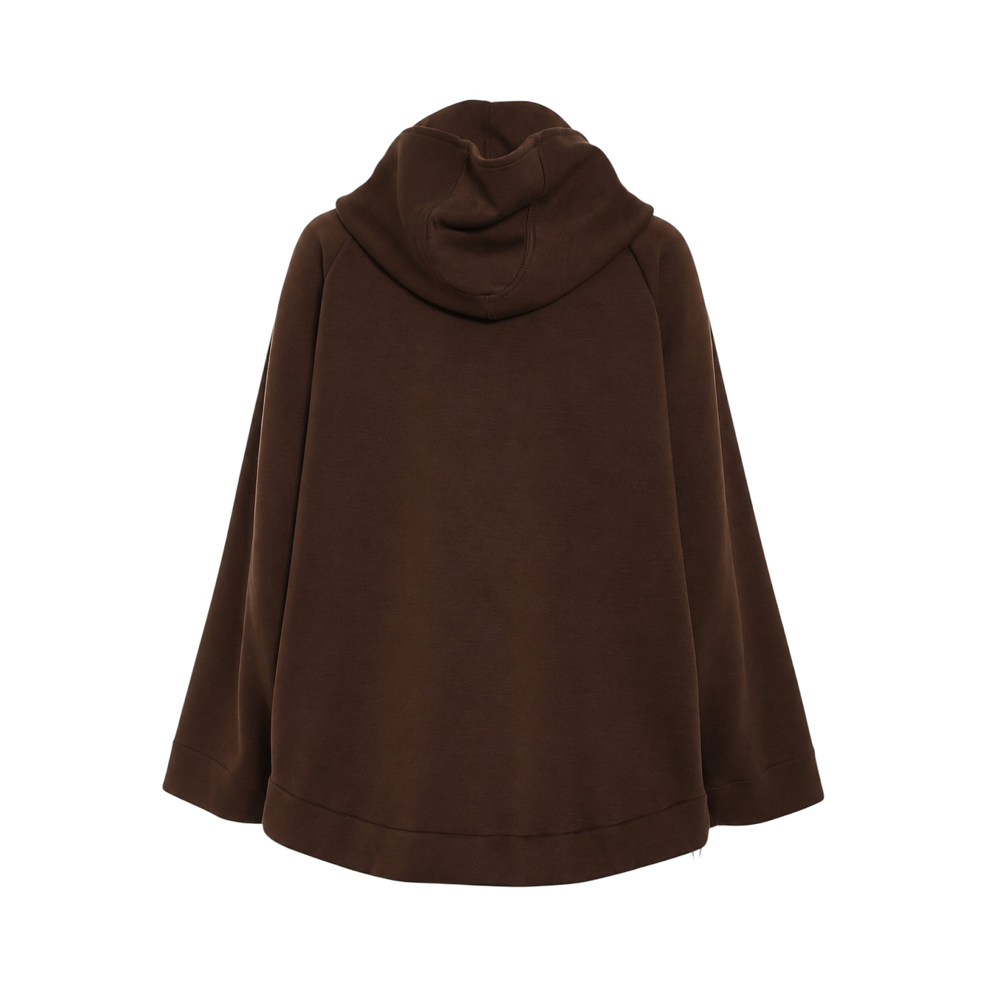 Rum Raisin relaxed fit hooded sweatshirt, back view. Features a smooth fabric, raglan sleeves, and a wide banded hem.
