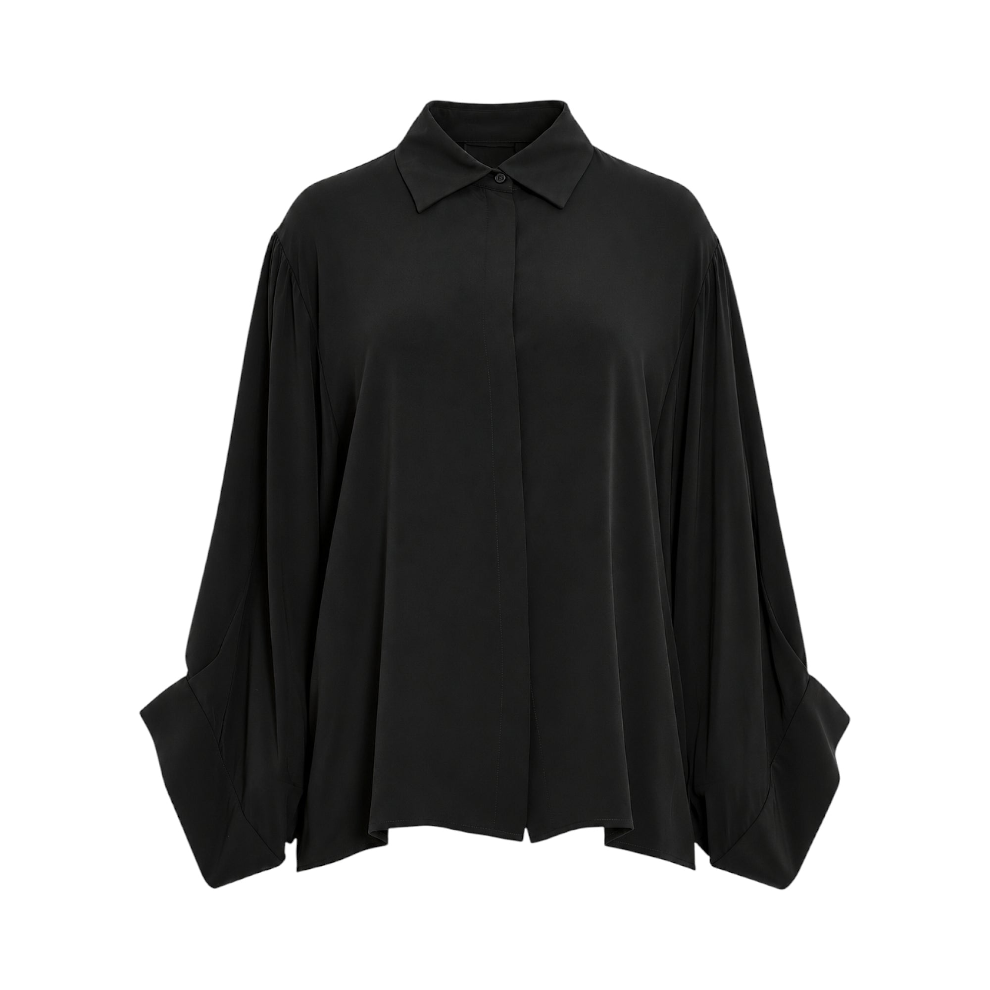 Black relaxed fit shirt with a classic collar, concealed button placket, voluminous long sleeves, and wide folded cuffs.