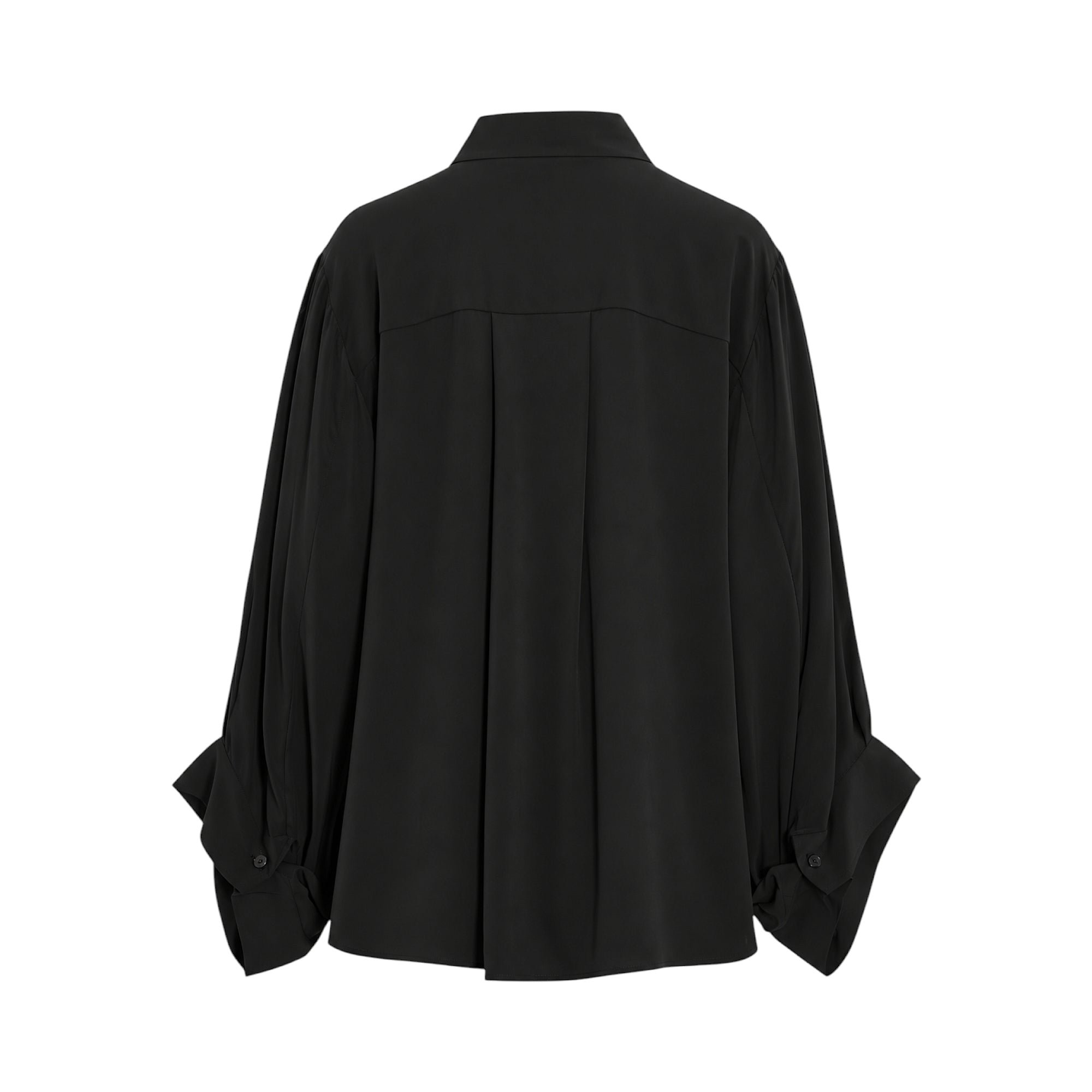 Black shirt, back view, with a back yoke, vertical pleats, and voluminous long sleeves with rolled-up buttoned cuffs.