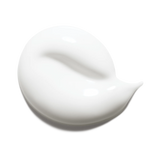 A smooth, glossy white dollop of cream with a curved, rounded body and a tapered, pointed end.