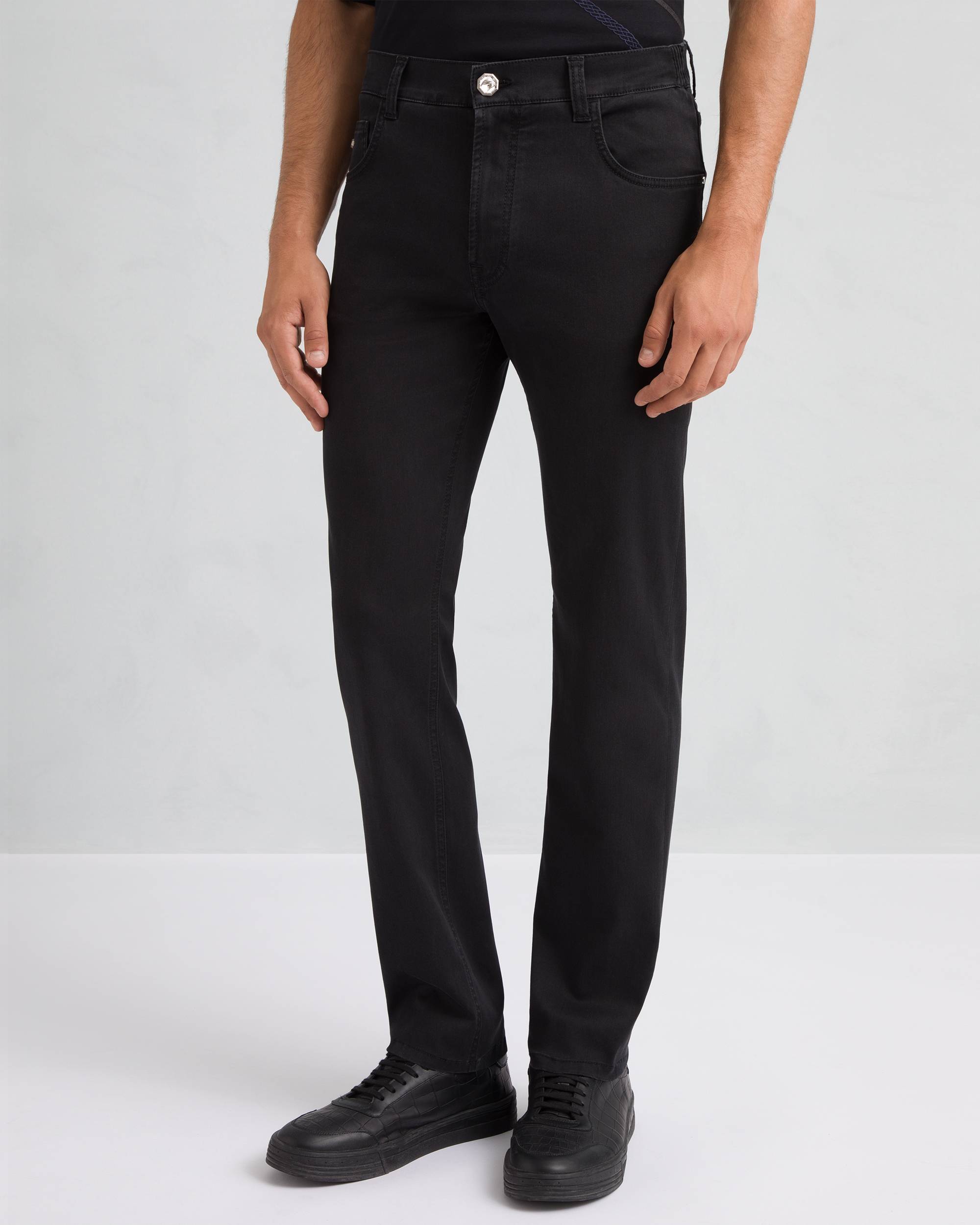 Black straight-leg trousers with five pockets, a metal button, and belt loops, shown from the front.