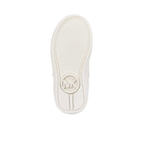 Underneath view of the dual-tone rubber outsole of a kids' Michael Kors sneaker, highlighting a multi-textured grip pattern and a central molded MK logo plate.