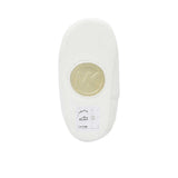 Bottom layout view of the soft sole of an infant pre-walker shoe, showcasing a clean white flexible base with a central circular gold insert featuring the MK logo.