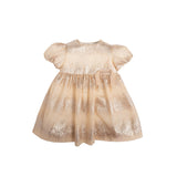 MiMiSol baby girl's gold tulle dress with a shimmering metallic pattern, puffed sleeves, and a matching grosgrain ribbon bow at the waist.
