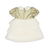MIMISOL baby girls ivory and gold dress with sequined bodice, Peter Pan collar, and layered tulle skirt.