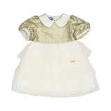 MIMISOL baby girls ivory and gold dress with sequined bodice, Peter Pan collar, and layered tulle skirt.