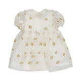 MIMISOL baby girls ivory tulle dress with gold embroidered details and puff sleeves.
