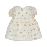 MIMISOL baby girls ivory tulle dress with gold embroidered details and puff sleeves.
