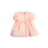 Mimisol baby girl dress in peach-colored textured organza featuring short puff sleeves, a collar, and four decorative gold buttons.
