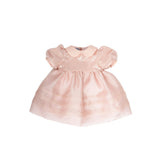 MiMiSol baby girl's pale pink dress featuring a sparkling sequined bodice, short puffed sleeves, a smooth Peter Pan collar, and a voluminous organza skirt with horizontal stripe detailing.