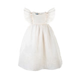 MiMiSol cream organza girls' dress featuring dramatic sheer flutter sleeves, a pleated bodice, and large floral embroidery at the hem.