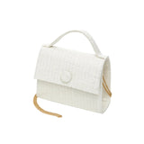 MIMISOL luxury ivory tweed handbag for girls featuring a top handle, gold chain crossbody strap, and shimmering fabric texture against a white background.