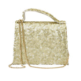 MIMISOL gold sequin mini handbag with top handle, flap closure, and detachable gold chain shoulder strap.