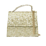 MIMISOL gold sequin mini handbag with top handle, flap closure, and detachable gold chain shoulder strap.