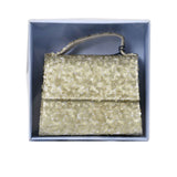 MIMISOL gold sequin mini handbag with top handle, flap closure, and detachable gold chain shoulder strap.