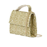 MIMISOL gold sequin mini handbag with top handle, flap closure, and detachable gold chain shoulder strap.