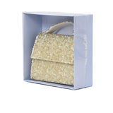 MIMISOL gold sequin mini handbag with top handle, flap closure, and detachable gold chain shoulder strap.