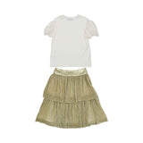MIMISOL girls white puff sleeve T-shirt with gold logo and layered gold shimmer skirt two-piece outfit.