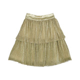 MIMISOL girls white puff sleeve T-shirt with gold logo and layered gold shimmer skirt two-piece outfit.