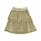 MIMISOL girls white puff sleeve T-shirt with gold logo and layered gold shimmer skirt two-piece outfit.