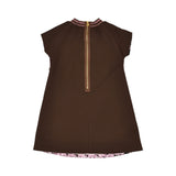 MIMISOL girls pink and brown sequin dress with graphic pattern and short sleeves.