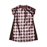 MIMISOL girls pink and brown sequin dress with graphic pattern and short sleeves.