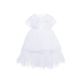 MIMISOL luxury white occasion dress for girls featuring short sleeves, a large decorative chest bow, and a voluminous tiered pleated tulle skirt.