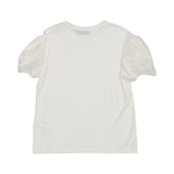 MIMISOL girls white puff sleeve T-shirt with gold logo and layered gold shimmer skirt two-piece outfit.