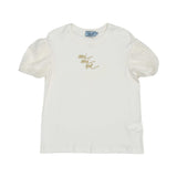 MIMISOL girls white puff sleeve T-shirt with gold logo and layered gold shimmer skirt two-piece outfit.