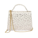 MIMISOL ivory metallic jacquard mini handbag with top handle, structured flap closure, and detachable gold chain shoulder strap.