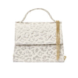 MIMISOL ivory metallic jacquard mini handbag with top handle, structured flap closure, and detachable gold chain shoulder strap.