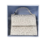 MIMISOL ivory metallic jacquard mini handbag with top handle, structured flap closure, and detachable gold chain shoulder strap.