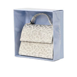 ivory metallic jacquard mini handbag with top handle, structured flap closure, and detachable gold chain shoulder strap.