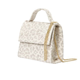 MIMISOL ivory metallic jacquard mini handbag with top handle, structured flap closure, and detachable gold chain shoulder strap.