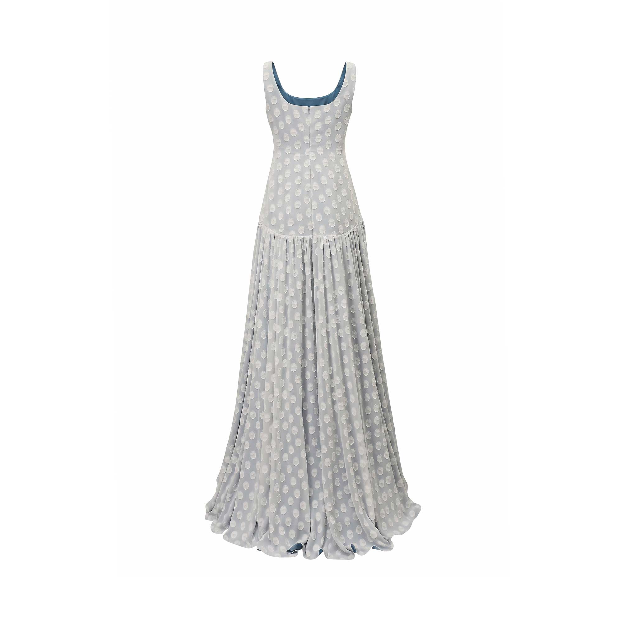 Light blue sleeveless maxi dress with white textured polka dots, square back neckline, and back zipper.