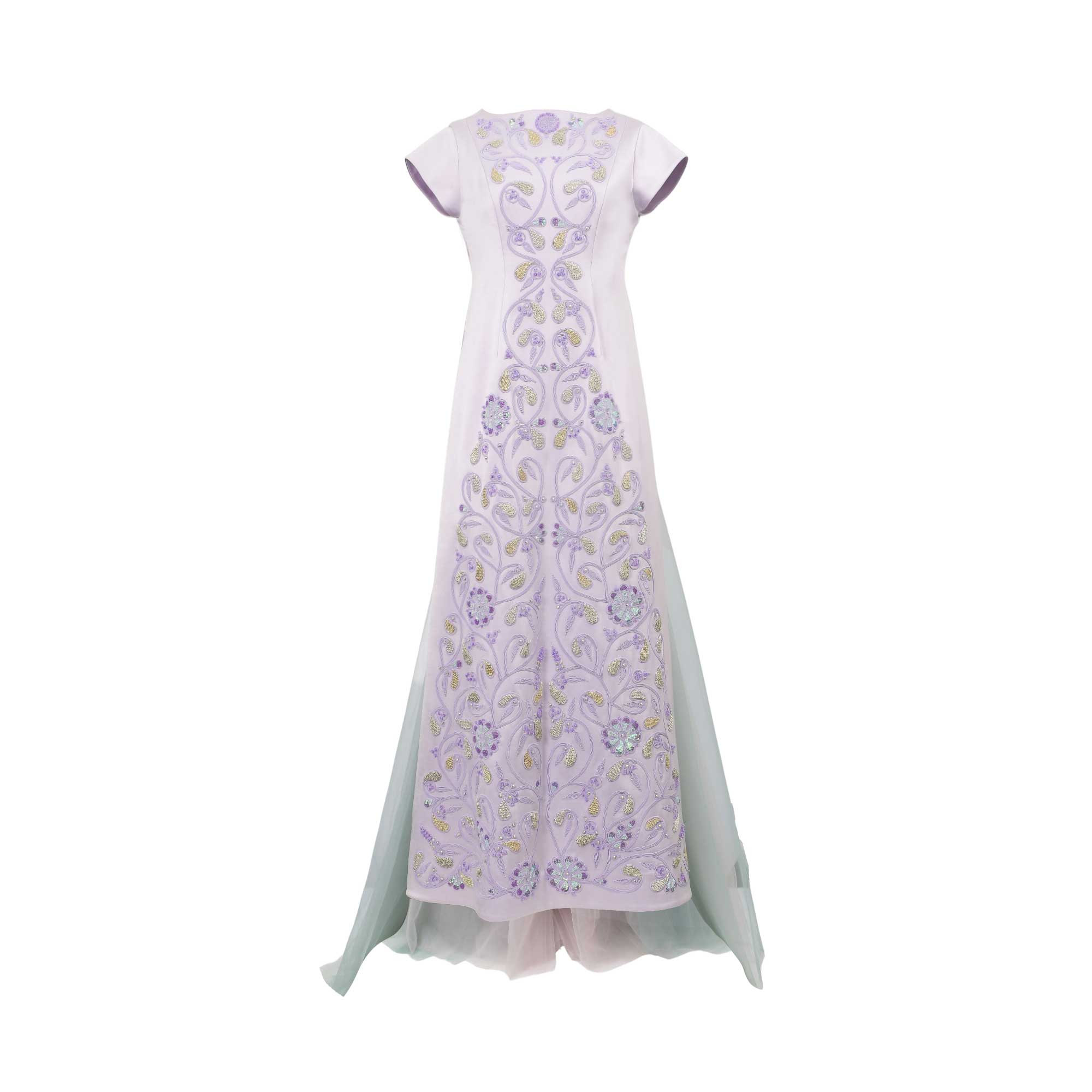 Light purple floor-length dress with short sleeves, intricate purple, blue, and gold-toned embroidery, and a mint green sheer