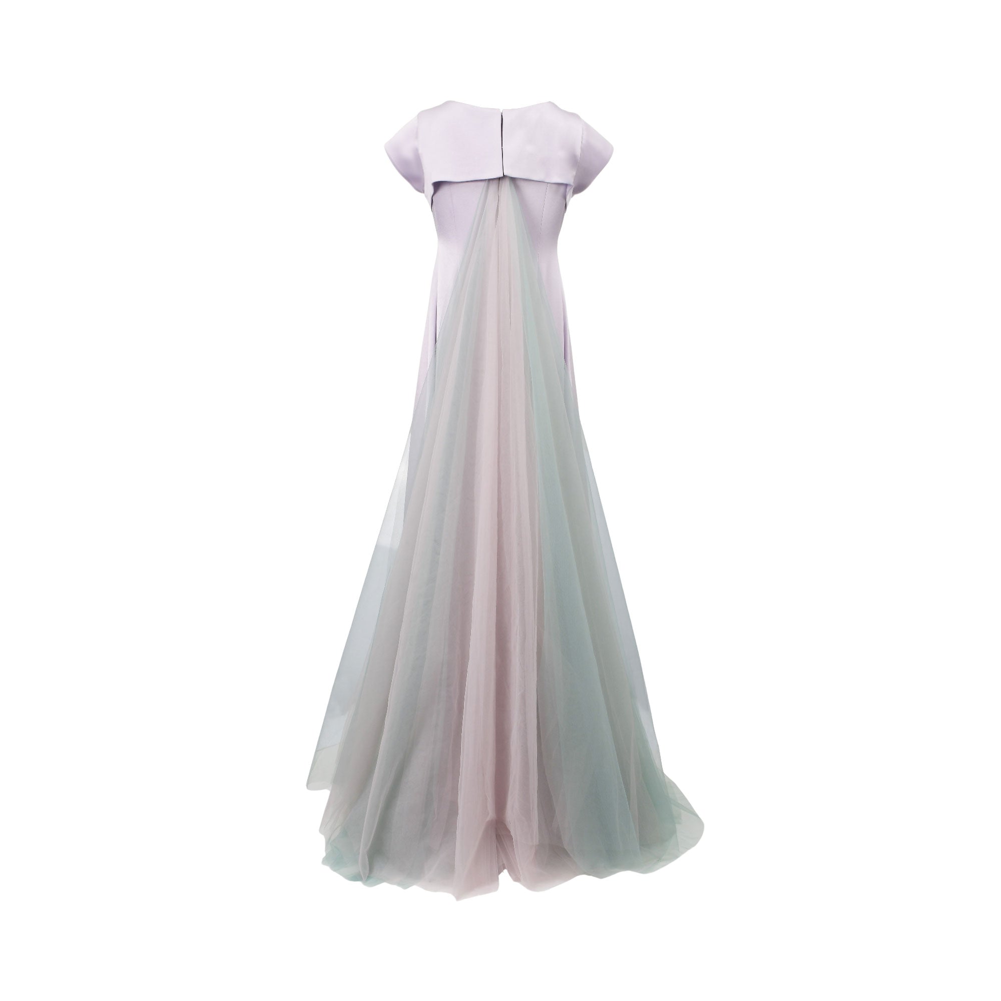 Light purple cap-sleeve gown with a square back detail. Features a long, flowing sheer train in pale pink and mint green.