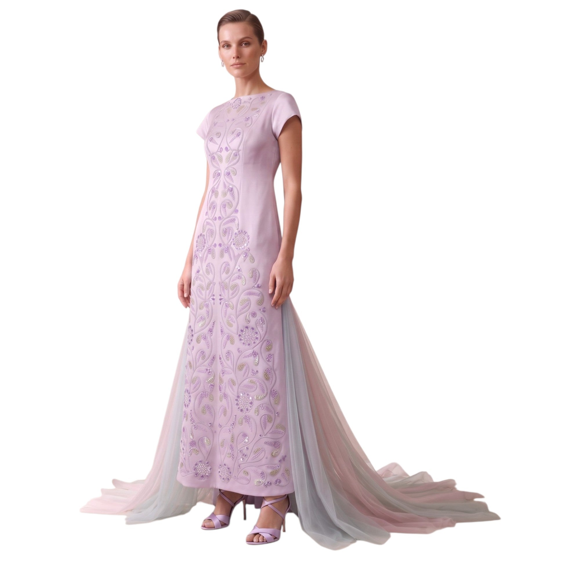 Light purple cap-sleeve dress with boat neck, featuring intricate purple and gold-toned floral beading. Gradient sheer train.