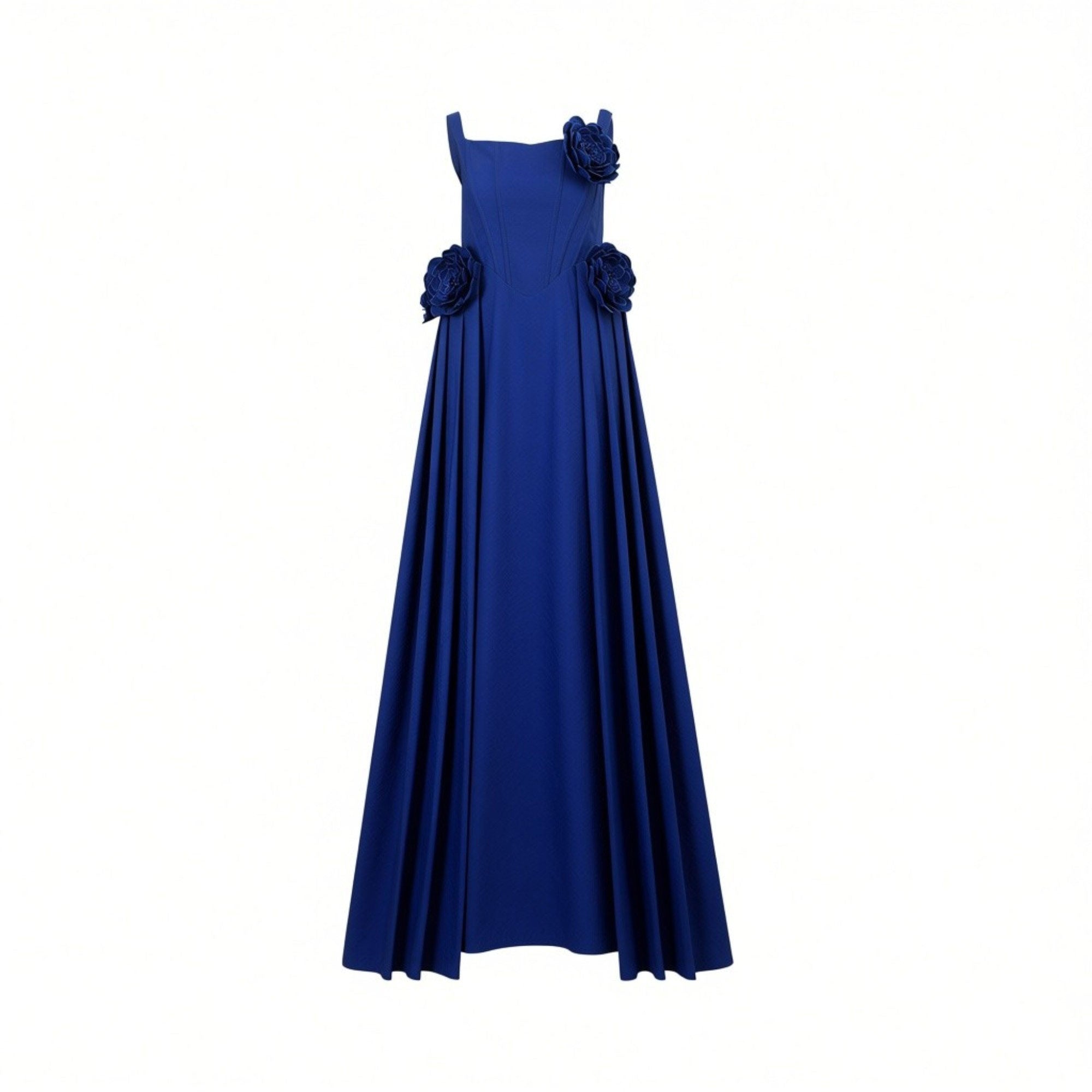Royal blue full-length dress with square neckline, wide straps, and three matching floral appliqués on the shoulders and wais