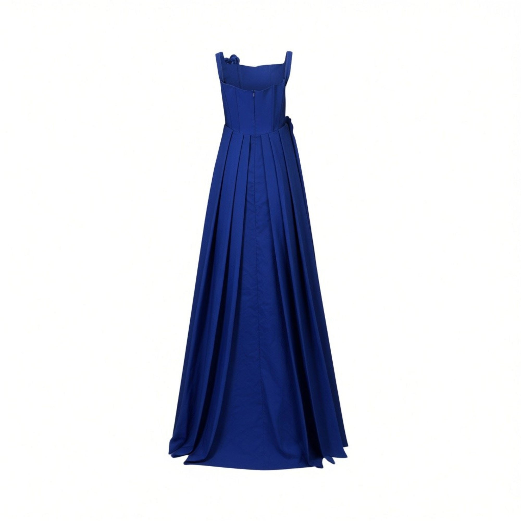 Royal blue maxi dress with square straps, pleated skirt, back zipper, and small bow detail on upper back.