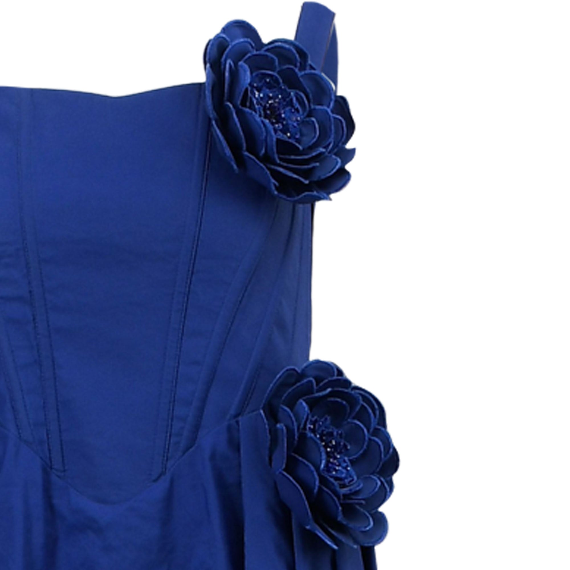 Blue dress with a structured bodice, a single strap, and two large blue fabric flowers with beaded centers.