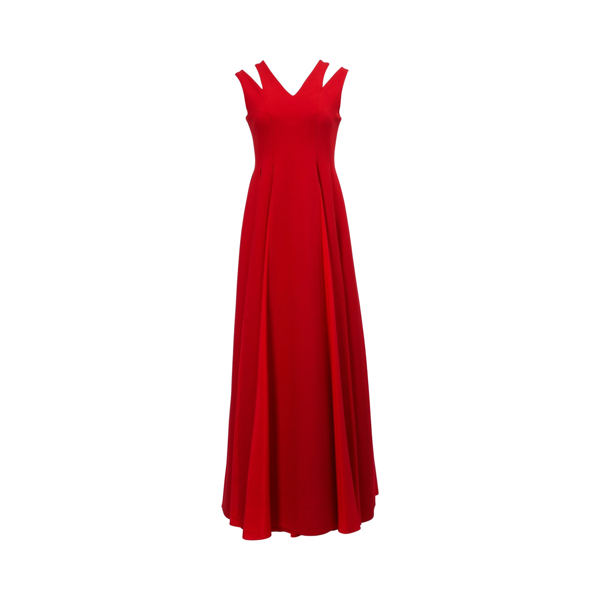 Red floor-length dress with a V-neckline and cut-out shoulder straps, featuring a flowing A-line skirt.